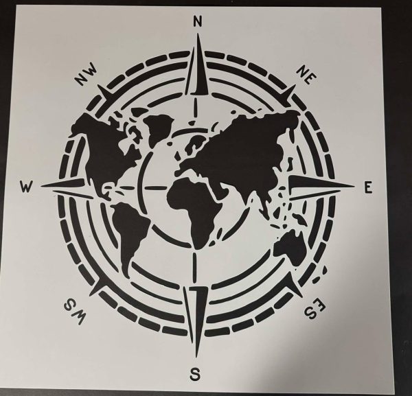 Square stencil design combining a world map silhouette with a compass rose and cardinal direction markings.
