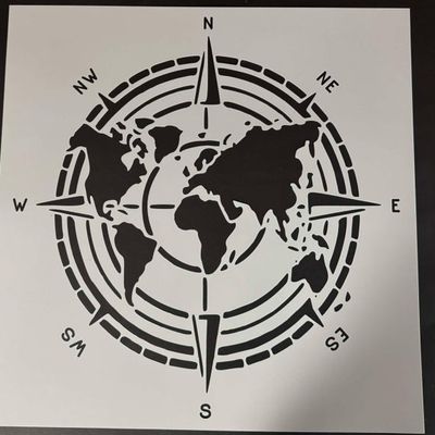 Square stencil design combining a world map silhouette with a compass rose and cardinal direction markings.