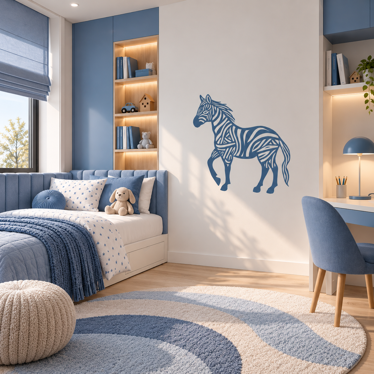 Blue zebra stencil wall art in a modern kids bedroom with soft blue decor and natural wood details.
