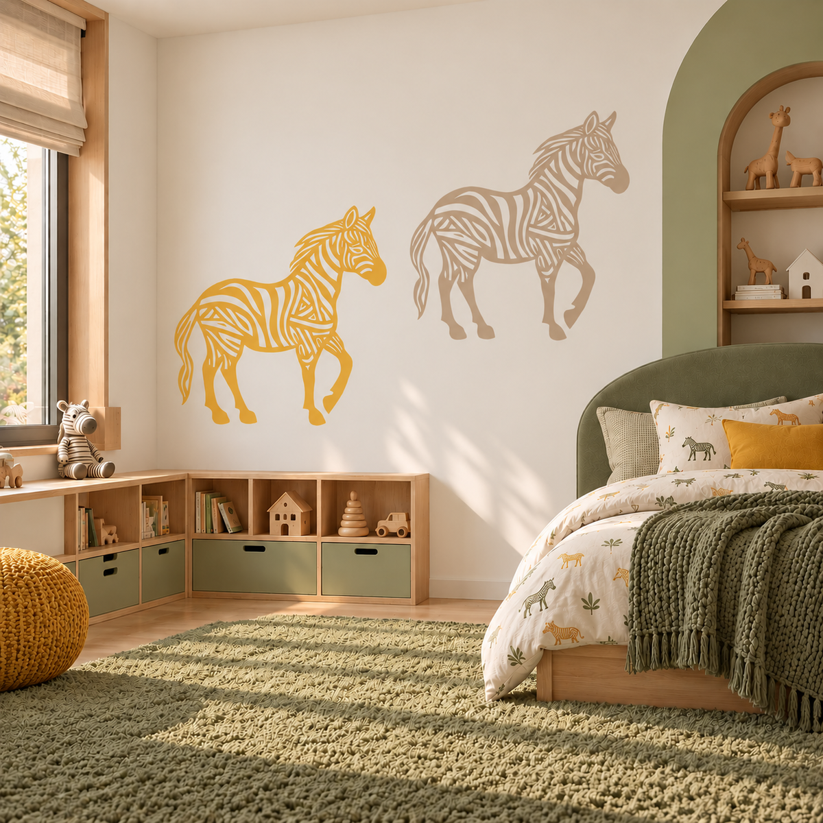 : Two zebra stencils in warm yellow and neutral tones decorating a playful safari themed kids bedroom.