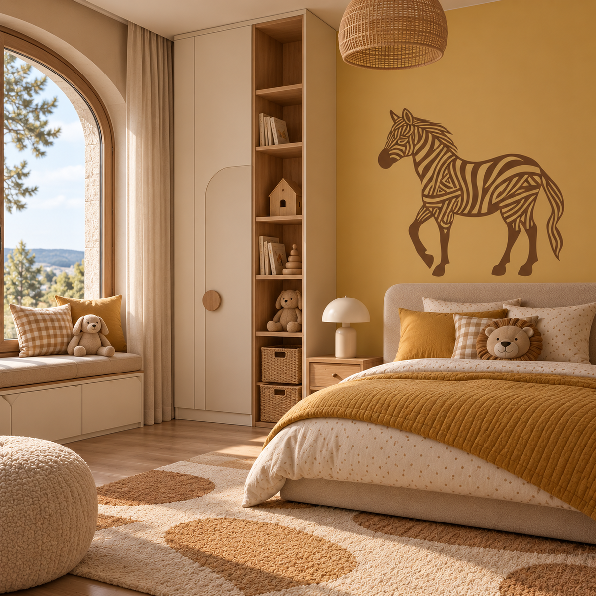 Zebra stencil wall art on a mustard yellow wall in a cozy kids bedroom with warm neutral decor.