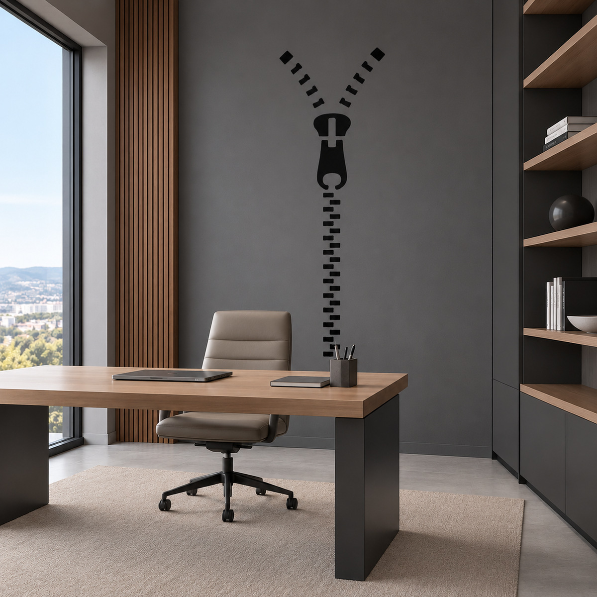 Black Zipper Design Stencil on a dark gray accent wall behind a wooden desk, adding industrial-inspired wall art to a contemporary home office.