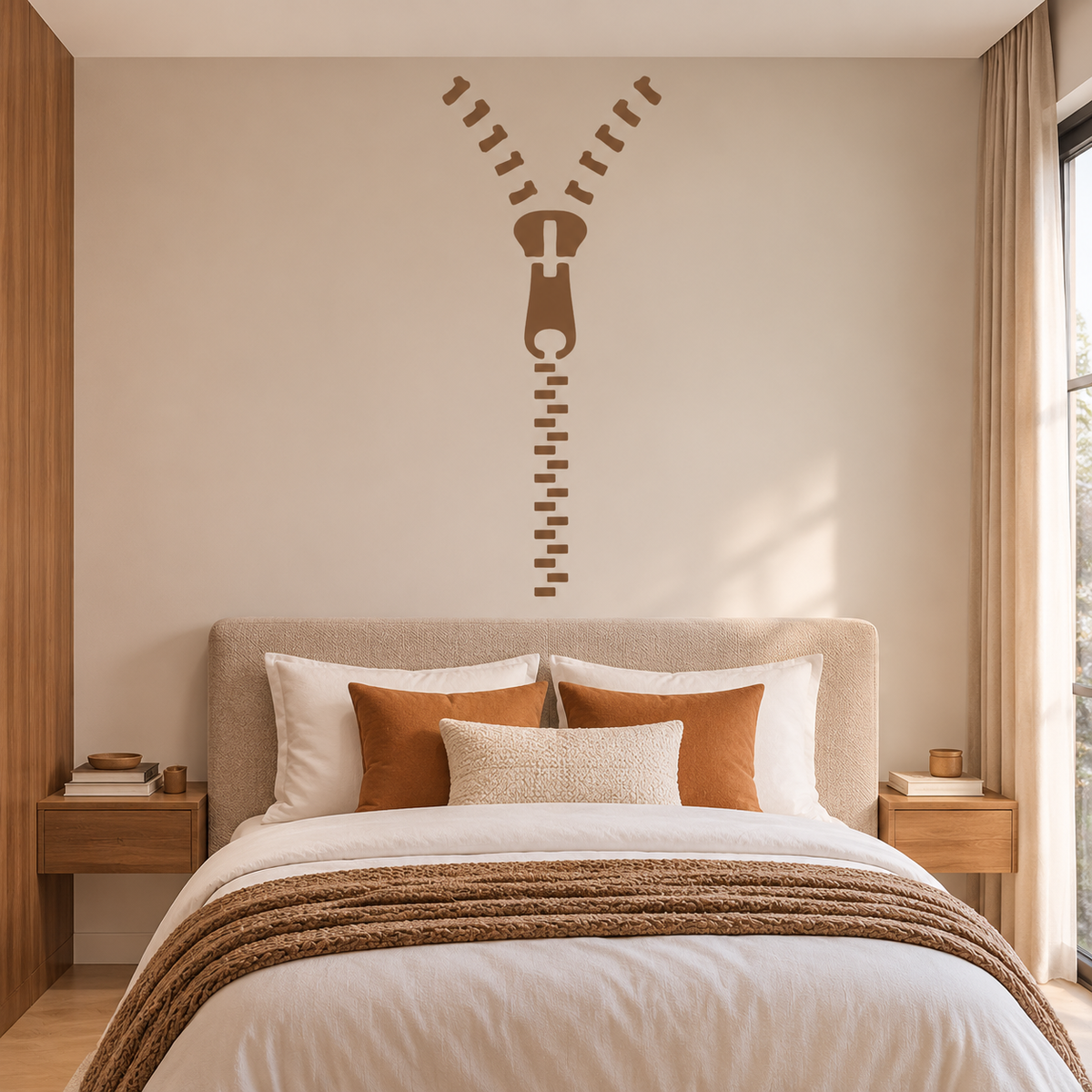 Brown Zipper Design Stencil above a beige upholstered bed, adding creative geometric wall decor to a cozy modern bedroom.
