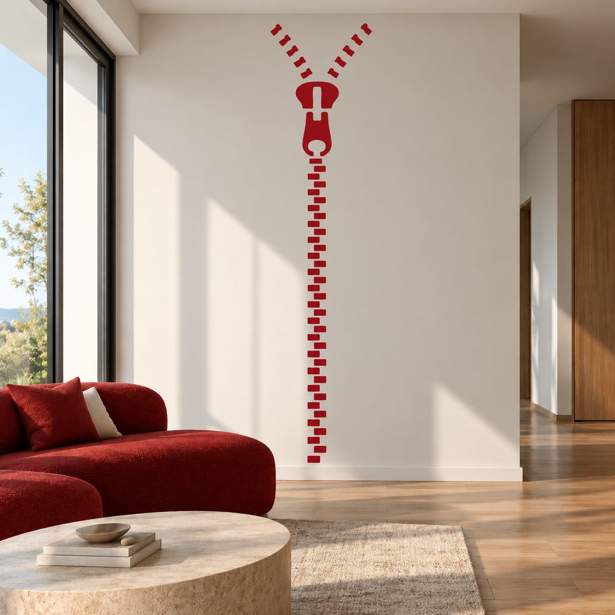 Red Zipper Design Stencil painted vertically on a white wall beside a red sofa, creating bold contemporary wall art in a modern living room.
